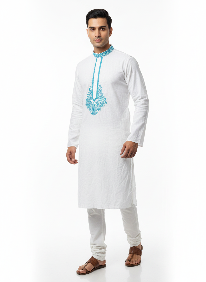 Royal blue embroidery white kurta for men