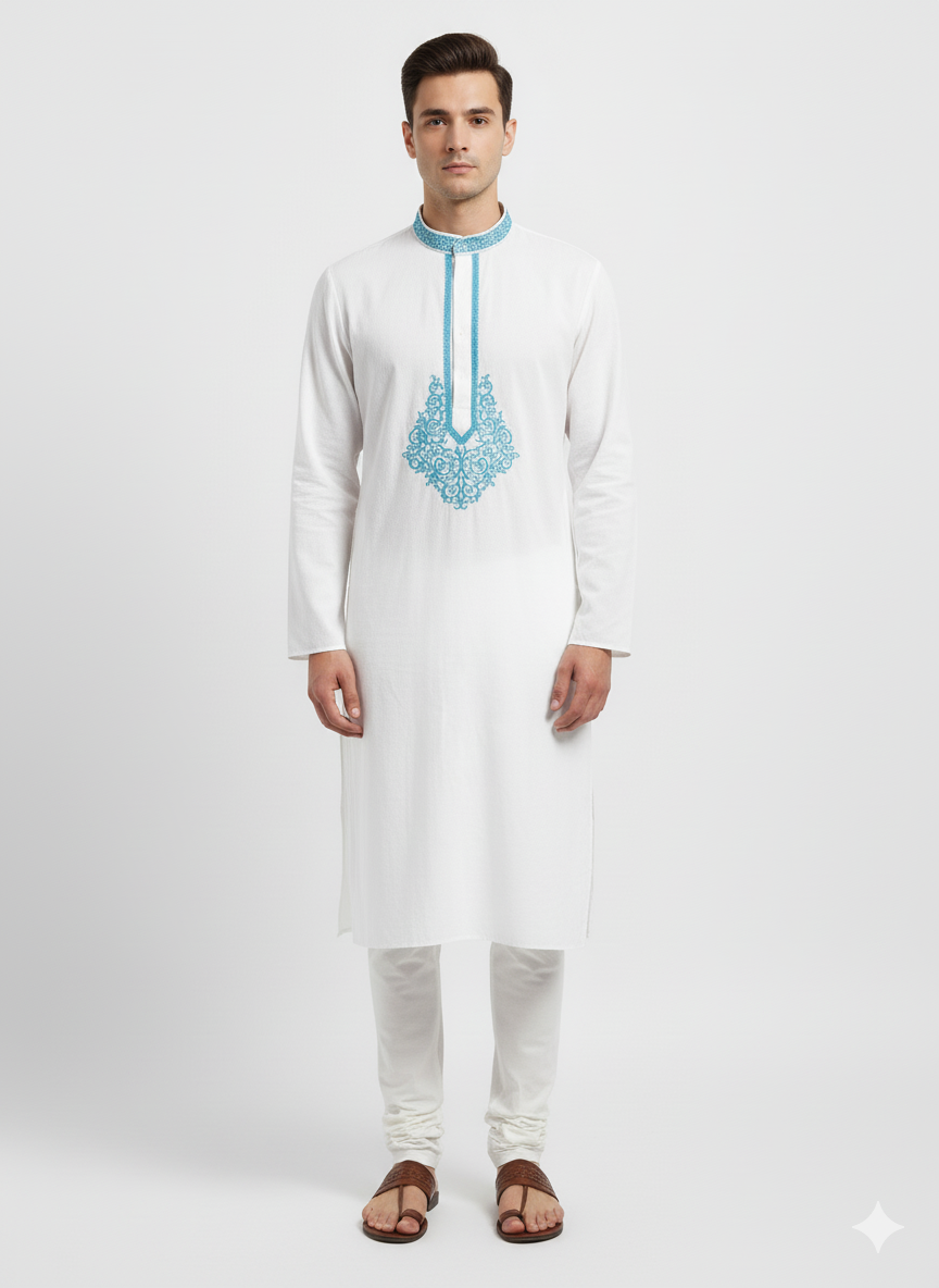 Royal blue embroidery white kurta for men