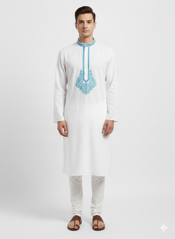 Royal blue embroidery white kurta for men