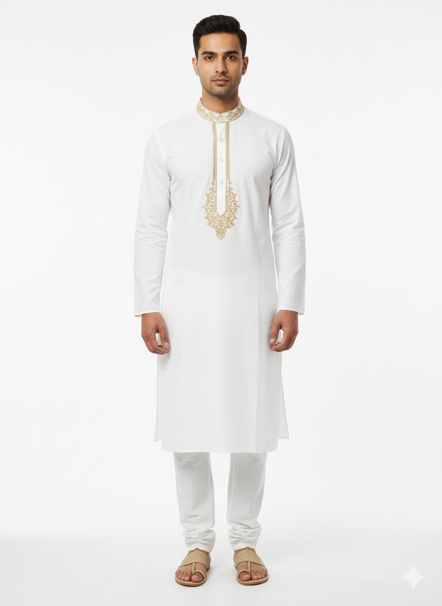 Golden colour embroidery white kurta for men