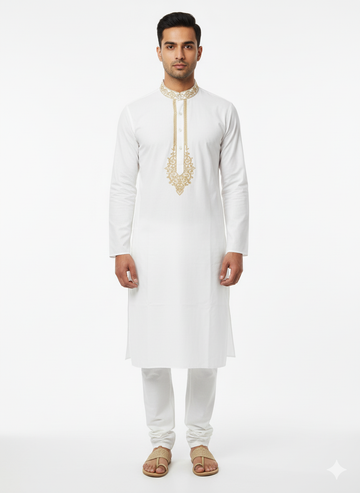 Golden colour embroidery white kurta for men