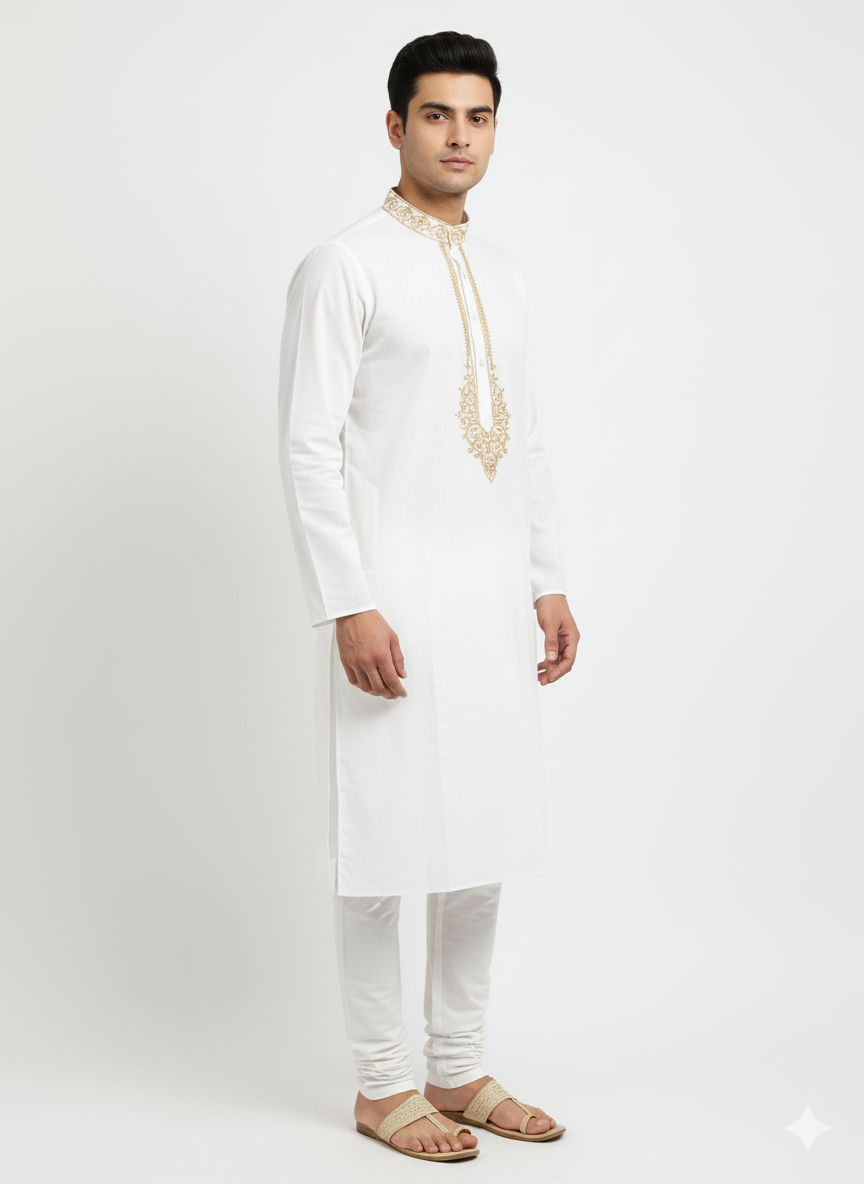 Golden colour embroidery white kurta for men