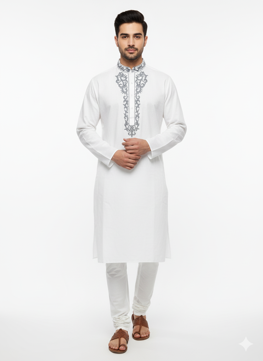 Grey colour embroidery white kurta for men