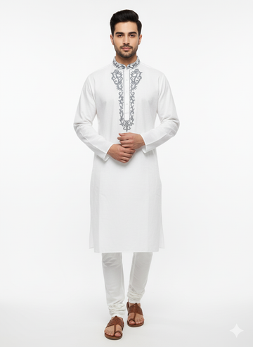 Grey colour embroidery white kurta for men