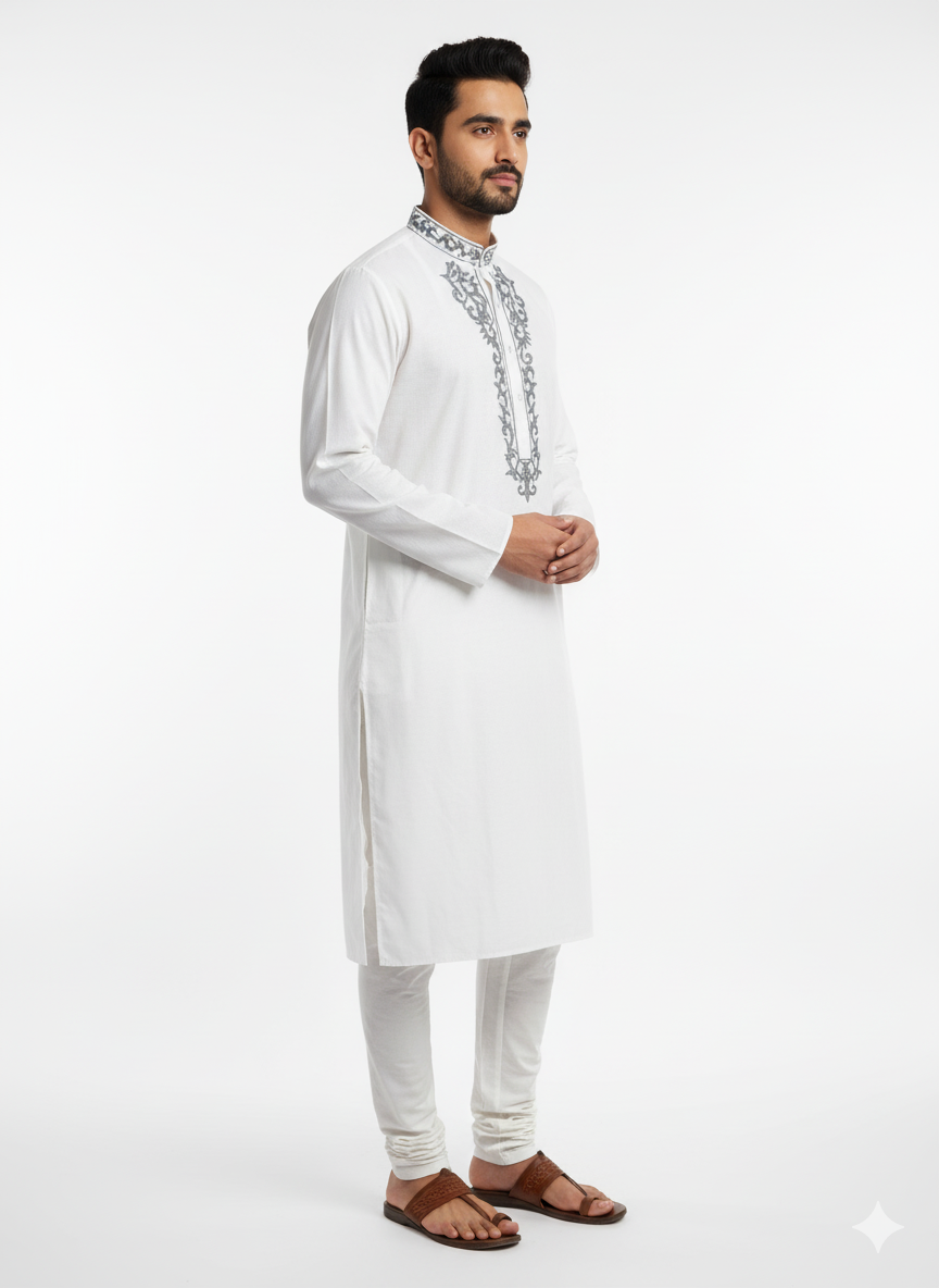 Grey colour embroidery white kurta for men